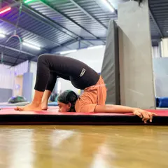 The world says fit in; the universe says stand out. This student showcases her incredible back flexibility with a deep chin stand pose.
