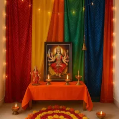 I bring the vibrant spirit of Navratri to your home with thoughtful decor. This setup combines a colorful drape backdrop with string lights, a traditional marigold and rose petal rangoli, and classic brass diyas to create a warm and devotional pooja corner.