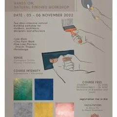Our 'Kai Kale' or 'handmade art' workshop is an intensive course for anyone interested in natural building. This poster details the techniques covered, including lime wash, fine lime plasters like Araish and Thappi, and Dorodango, with course fees for students and professionals.