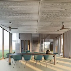 The dining area concept for the Sanctuary Residence, enclosed in floor-to-ceiling glass. The textured ceiling and minimalist furniture are designed to keep the focus on the expansive views of the Nandi Hills landscape.