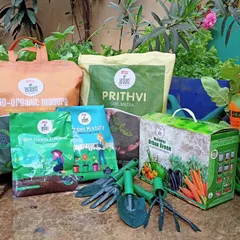 This is our organic gardening starter pack. It features our Bio-Organic Manure, Prithvi Soil Media, a gardening kit, and essential tools, giving you a complete set of products to make your garden flourish naturally.
