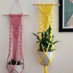 A pair of custom plant hangers in cheerful pink and yellow. The different knot patterns show how you can mix and match designs for a playful look.