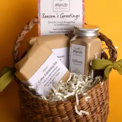 A beautiful gift basket featuring our Coffee Exfoliating Bar and Ubtan. We can curate gift boxes that are personal, meaningful, and thoughtfully put together.
