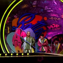 Dancers from the show "HIPHOP INDIA" on stage, with my graffiti art serving as the backdrop. It was awesome to see my work become part of the live performance and the overall aesthetic of the event.
