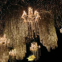 To create a ceiling that dazzles, I hung thousands of shimmering tinsel strands interspersed with classic chandeliers. The effect is a breathtaking canopy of light that transforms the entire space into a glamorous ballroom.