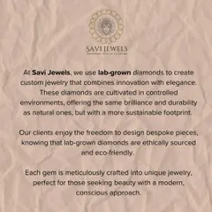 This graphic explains our use of lab-grown diamonds for custom jewellery. These diamonds are cultivated in controlled environments, offering the same brilliance and durability as natural stones but with a more sustainable and ethical footprint. This gives you the freedom to design beautiful, conscious jewellery.