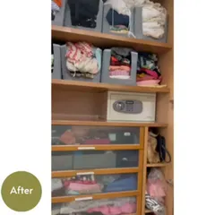 After our virtual session, you can see the incredible amount of space we created. By decluttering and using simple folding techniques and organizers, the closet is now a calm and functional space.