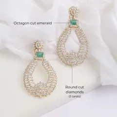 The Heera Panna earrings are designed to capture the light. An octagon cut emerald sits atop a cascade of 3 carats of round cut diamonds, forming an elegant teardrop shape that perfectly complements the necklace.