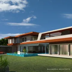 For this villa, we used strong horizontal lines with deep, overhanging roofs to create a contemporary look. The design seamlessly integrates a lap pool along the edge of the home, directly accessible from the main living areas.