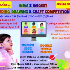 This flyer announces our multi-disciplinary competition, featuring drawing, craft, and coding challenges for different age groups. It provides details on dates, locations (online and offline), and registration fees.