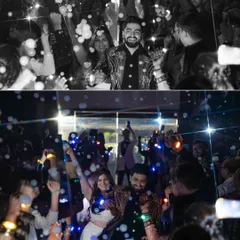 The party begins! A collage capturing the couple's grand entrance amidst bubbles and lights, showing the fun and celebratory vibe of a Sangeet night.