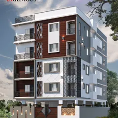 For this multi-dwelling unit in Haralur, the design incorporates decorative geometric screens and varied textures. The facade is a dynamic composition of wood, grey panels, and patterned jalli work.