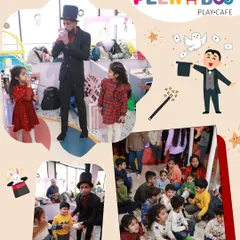 More moments from Ahaan's party, showing the magician and kids enjoying the celebration.