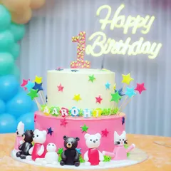 Arohi's adorable first birthday cake, complete with little animal figures and colorful stars. Capturing the cake is essential for remembering the party's theme.