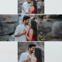 A triptych of tenderness. This collage from a waterfall pre-wedding shoot showcases the couple's loving embraces and soft, intimate moments.
