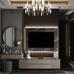 This elegant TV and vanity combination was designed for a master bedroom. The unit features a black marble panel with backlight, a floating console, and an integrated dressing table with a round mirror.
