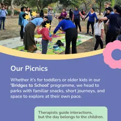 Our picnics, whether for toddlers or older kids in our 'Bridges to School' program, are thoughtfully planned. We head to parks with familiar snacks and plenty of space for children to explore at their own pace, with therapists guiding interactions.