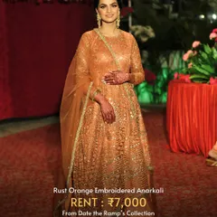 This rust orange embroidered Anarkali is comfortable yet glamorous, making it ideal for festive gatherings.
