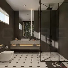 A bold, contemporary bathroom with dark grey walls and striking black-and-white geometric floor tiles. The floating vanity with under-cabinet lighting and a tropical-print accent panel behind the mirror add layers of visual interest.