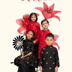 My 'Sangeet' collection is designed for a night of music and dance. This image shows coordinated sets in bold red and classic black, with comfortable silhouettes that are perfect for twirling on the dance floor.