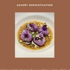 An example of savory sophistication from our Pan-Asian menu. These vibrant purple dumplings are served in a light, flavorful broth, demonstrating our flair for creating dishes that are as beautiful as they are delicious.