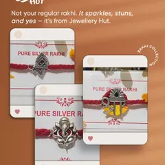 Not your regular Rakhi. Ours are crafted in pure silver, designed to be treasured forever. This image shows our Ganesha, Trishul, and other divine designs.