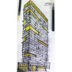 The initial concept sketch for the Kohinoor Ikon, a commercial tower in Navi Mumbai. Sketching allows us the flexibility to quickly explore facade options and massing before committing to a detailed 3D model.