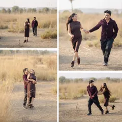 This collage is all about capturing fun and movement. From running hand-in-hand to sharing a laugh, these shots show the couple's playful and carefree connection in a natural setting.