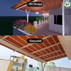 Here you can see the 3D render of a Mangalore tile pergola ceiling next to the finished product. My goal is to translate design into reality, ensuring the final structure is as beautiful and functional as promised.