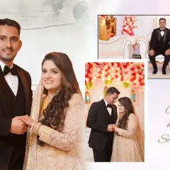 A sample wedding album page design for a reception. We combine key portraits and candid moments to tell the story of your celebration night in a visually appealing layout.
