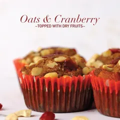 My Oats and Cranberry cupcakes are deliciously healthy. Topped with wholesome dry fruits and made without sugar, butter, or maida, every bite is a celebration of flavour and wellness.