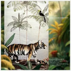 A close-up of the 'Enzo' panel. You can see the detail in the hand-stitched embroidery and the 3D layering that gives the tiger and surrounding foliage a lifelike quality. This piece is a reminder to be strong and fierce.