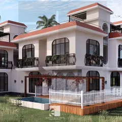 This is a view of the backyard and private swimming pool for one of the bungalows in the Tungarli scheme. Each home is designed with private leisure spaces, offering residents a perfect balance of community living and personal seclusion.