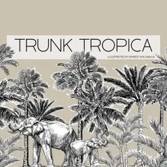 The title card for my 'Trunk Tropica' collection. This pattern features majestic elephants and their young amidst a lush forest of hand-drawn palm and coconut trees, designed to evoke a sense of peaceful wilderness.