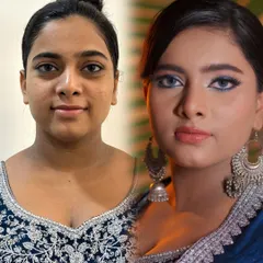 A striking before-and-after of the siren eyes look. The transformation is simple yet impactful, focusing on a flawless base and a dramatic winged liner.