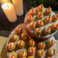 My take on Gajar Halwa, served inside a delicate choux pastry bun and topped with cream and a tiny marzipan carrot. A perfect fusion of Indian and French pastry techniques.