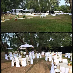 The wedding ceremony setup at ITC Goa was an all-white paradise. The sprawling green lawns were adorned with elegant white seating and umbrellas, creating a clean and sophisticated look.