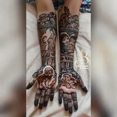 Celebrating the journey to motherhood is so special. For this seemantha, or baby shower, I designed a complete story on the hands, with portraits of the expecting parents, a depiction of Yashoda with little Krishna, and tiny baby footprints for blessings.