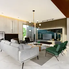 An alternate view of the same living room concept, showing how the space opens up to the outside. We use 3D visualizations to give you a complete feel for the space.
