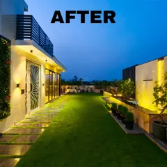 This after shot gives full-on Bali resort feels. A lush green lawn, a modern glass room, and beautiful lighting create a true urban oasis.