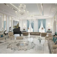 This expansive villa living room is designed for grand-scale entertaining. It features multiple seating areas, a grand piano as a focal point, and magnificent crystal chandeliers, all set upon a polished marble floor with custom inlay patterns.
