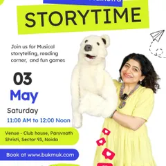 This poster is for a 'Storytime' event I hosted in a Noida community clubhouse. I bring my sessions directly to neighborhoods, making it easy for families to join in for a weekend of musical storytelling, reading, and games.