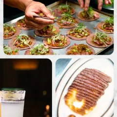 A collage showcasing the variety of our menu, from the meticulous preparation of fresh tacos to a perfectly seared steak and a classic salt-rimmed cocktail. It's a taste of the diverse flavors we offer.
