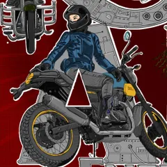 A detailed view of the woman on the Royal Enfield Himalayan, part of the 'Naari Shakti' illustration.