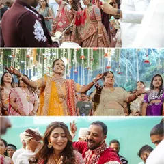 A collage of pure Baraat madness. From the bride and groom dancing with their parents to the entire family letting loose, these are the unscripted moments of joy I love to facilitate.