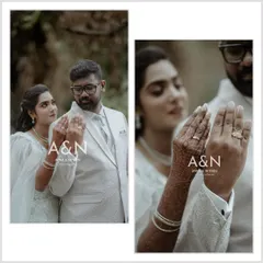 A close up and a portrait from an engagement, focusing on the couple and their new rings. The matching white outfits give these photos a clean and elegant feel.
