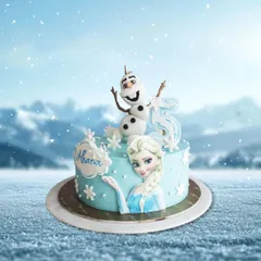A winter wonderland scene with both Elsa and Olaf. This Frozen-themed cake is perfect for fans of the movie, complete with edible snowflakes.