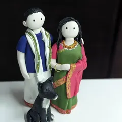 This custom order features a couple dressed in traditional attire, standing with their beloved pet dog. I love creating these family portraits that include every member, furry ones included.