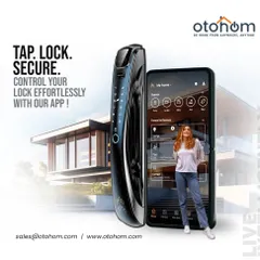 Tap, lock, and secure your home effortlessly with our app. This visual showcases our sleek smart lock and its integration with the Otohom app, putting intelligent security in your hands.