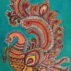 Inspired by the ancient textile art of Kalamkari, this peacock is filled with detailed motifs and patterns. I used a warm color palette to reflect the natural dyes often used in this traditional craft, creating a piece that feels both classic and vibrant.